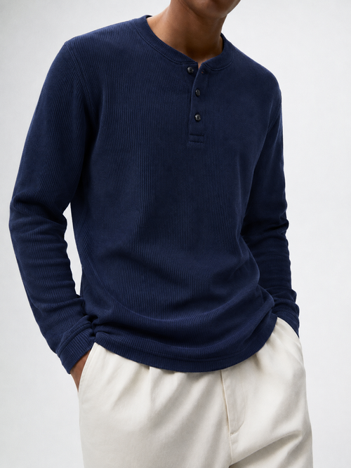 Ink Blue | Waffle Knit Henley | Full Sleeves