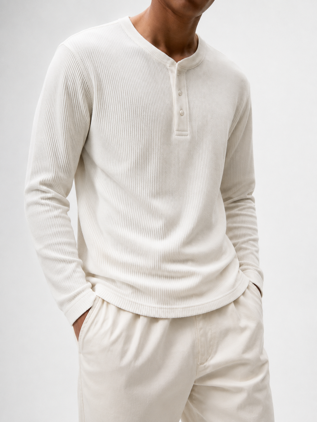 White | Waffle Knit Henley | Full Sleeves