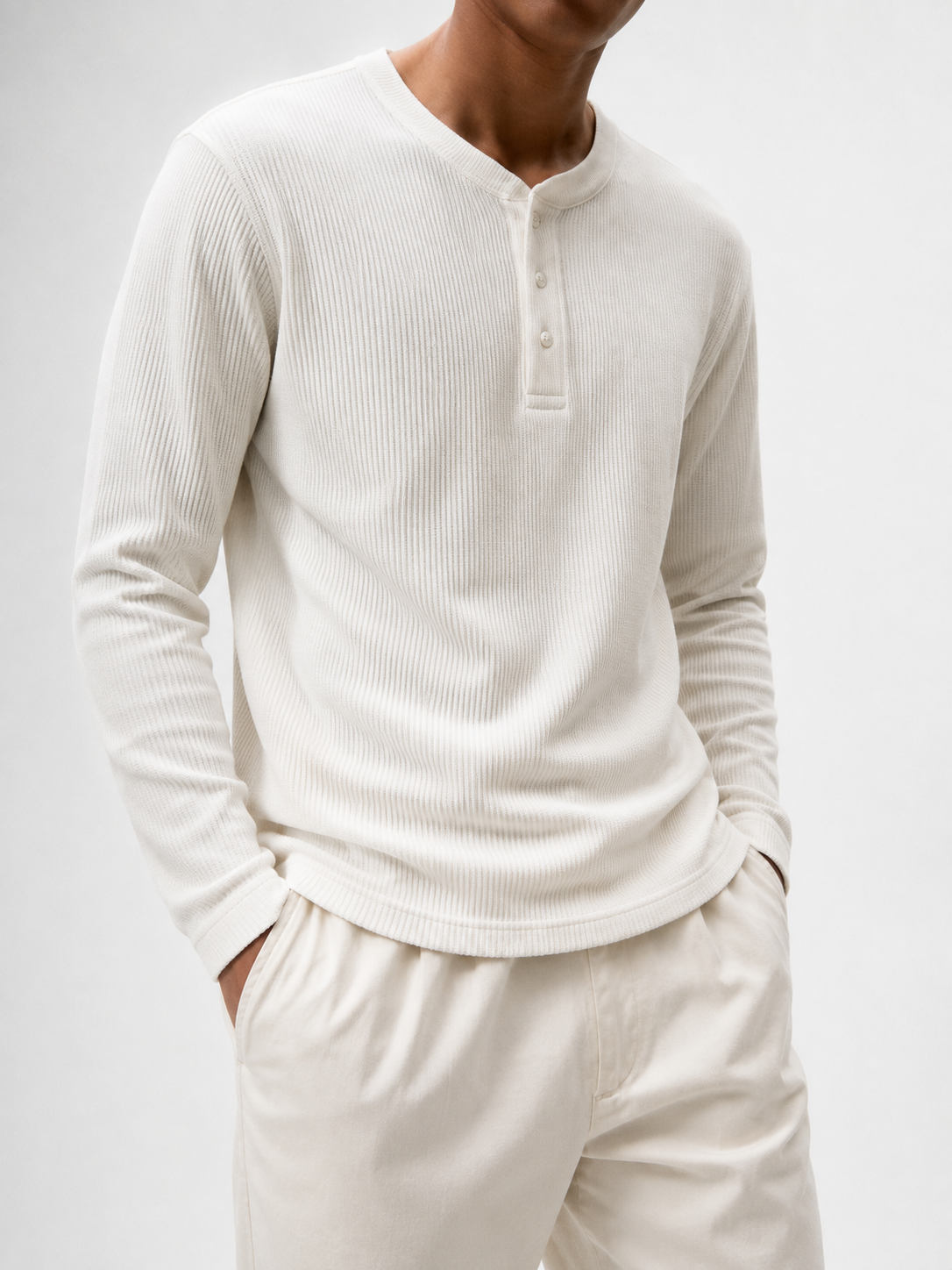 White | Waffle Knit Henley | Full Sleeves